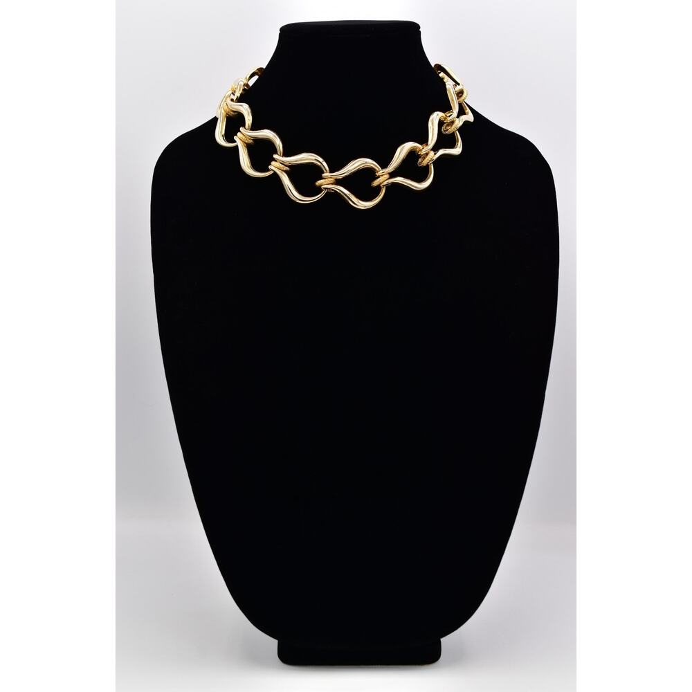 Vintage Bold Statement Necklace Gold Tone Sculptural Wavy Link Chunky 80s Bin3D